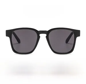Detail of square sunglasses with UV protection and matte black frame finish