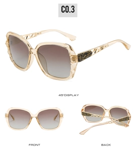 Three-angle view of champagne oversized sunglasses with luxury gold cutout temples