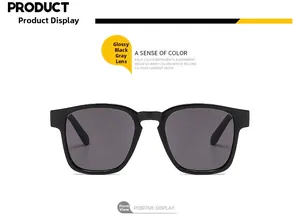 Front view of classic square black sunglasses with glossy frames and dark grey lenses