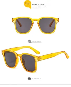 Macro view of vintage square orange sunglasses frame with product model numbers on temple