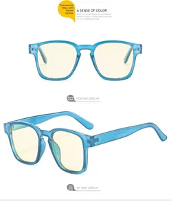 Detail view of transparent blue square sunglasses with yellow tinted lenses in two angles