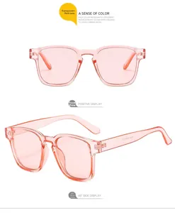 Front and side view of square sunglasses with transparent pink frames and tinted lenses