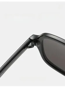 Detailed macro view of durable metal hinges and 145 CE marking on black square sunglasses