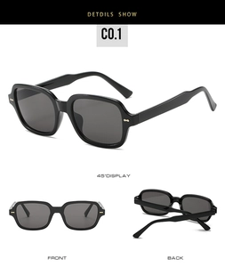 Multi-angle details of black square sunglasses with gold metal studs and grey lenses