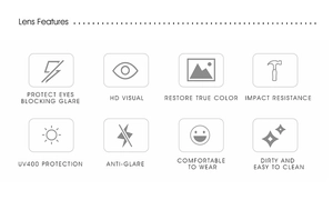 Steampunk sunglasses lens feature list including UV400 protection and HD visual technology