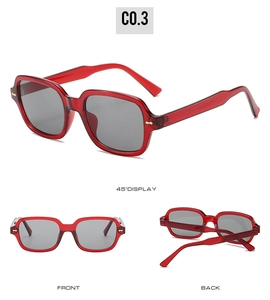 Red transparent square sunglasses with gold rivets and dark grey lenses in multiple views