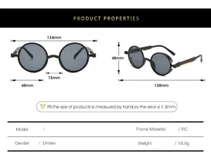 Detailed size chart for steampunk sunglasses with 134mm frame width and PC material
