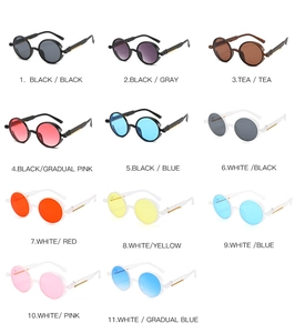 Detail view of steampunk round sunglasses showing multiple frame colors and spring hinges