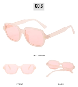 Three-angle product view of light pink rectangular sunglasses with transparent frames