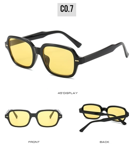 Three angles of square sunglasses featuring black thick frames and yellow tinted lenses