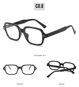 Three-view display of black square sunglasses with golden metal rivet details