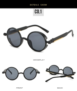 Detail view of steampunk metal spring temples and vintage round sunglasses frame