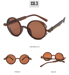 Steampunk sunglasses with round amber lenses and metal spring temple details, three-angle view