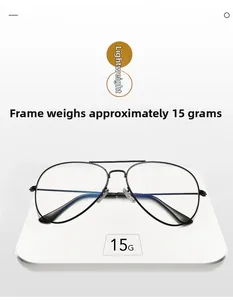 Lightweight black pilot glasses frame weighing 15g on a scale showing slim metal design