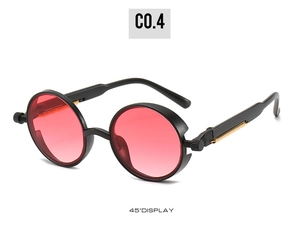 Steampunk round sunglasses with matte black frame, red lenses and gold spring hinge detail