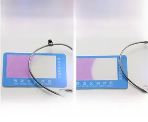 Detail view of anti-blue light metal frame glasses showing blue light blocking test result