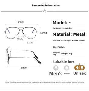 Detailed size parameters and dimensions of the black metal aviator glasses frame