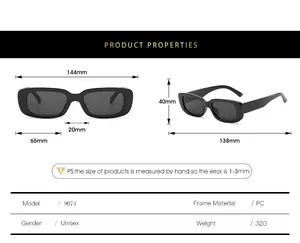 Detailed size specifications for rectangular sunglasses with PC frame measurements