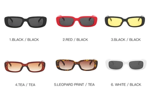 Collage showing vintage rectangular sunglasses in black, red, leopard, and white frames