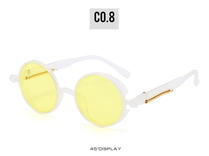 45-degree view of steampunk sunglasses with yellow lenses and gold spring temple detail