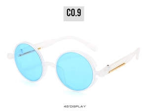 Detail of steampunk round sunglasses with metal spring legs and light blue lenses