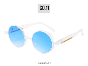 Steampunk round sunglasses with blue lenses and clear frames featuring gold metal hinges