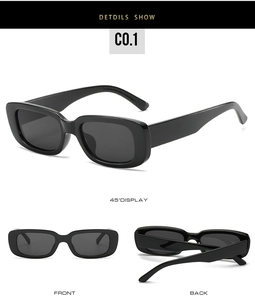 Detailed views of black rectangle sunglasses with thick frames from multiple angles