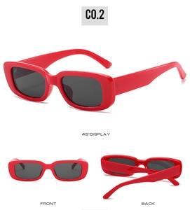 Three-angle display of red square sunglasses showing the front, back, and 45-degree profile