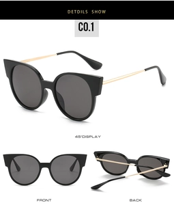 Détails des lunettes de soleil œil-de-chat noires avec branches dorées et vues sous plusieurs angles