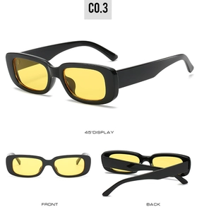 Three-angle view of retro rectangular sunglasses with thick black frames and yellow lenses