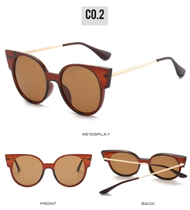 Détails de lunettes de soleil œil de chat avec monture brune et branches dorées