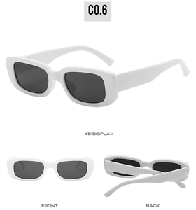 Three perspectives of retro white rectangular sunglasses with dark lenses and thick frames