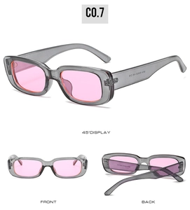 Detailed views of vintage rectangle sunglasses with grey frames and pink tinted lenses