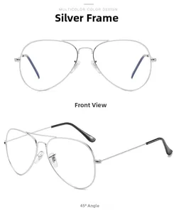 Silver metal aviator glasses frame with double bridge and clear lenses from two angles