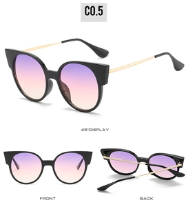 Lunettes œil de chat avec verres dégradés violets et branches dorées, vues multiples