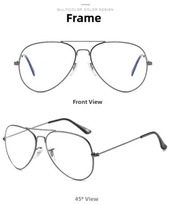 Front and 45-degree angle views of gunmetal aviator glasses frames with double bridge