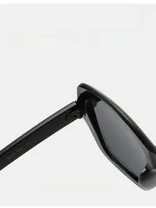 Close-up of durable metal hinge and size specifications on black square sunglasses