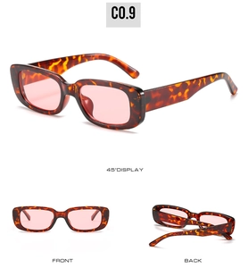 Tortoiseshell square sunglasses with pink lenses shown in front, back and 45-degree views