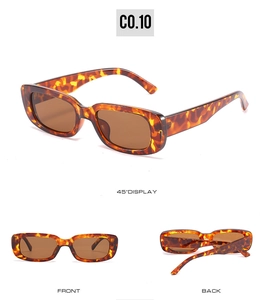 Detailed views of tortoiseshell rectangle sunglasses with brown lenses from three angles