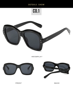 Detail view of black square oversized sunglasses showing front, back and 45 degree angles