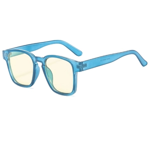 Retro square sunglasses with transparent blue jelly frames and light yellow lenses for women