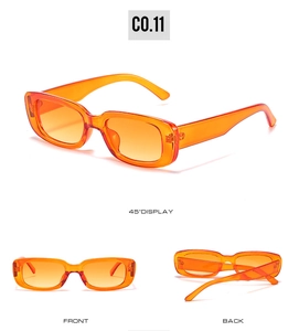 Three-view layout of orange translucent rectangular sunglasses with model C0.11