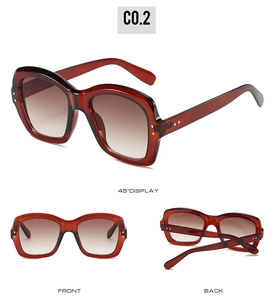 Detail view of retro square red-brown sunglasses with gradient lenses in various angles