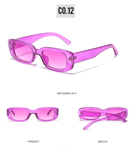Three-view display of translucent purple rectangle sunglasses from front, side, and back