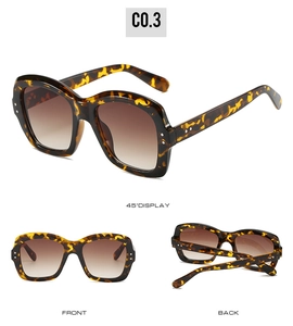 Detailed views of tortoiseshell square sunglasses with metal accents and gradient lenses