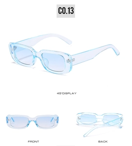 Three-angle view of vintage rectangle sunglasses with light blue transparent frame and lenses