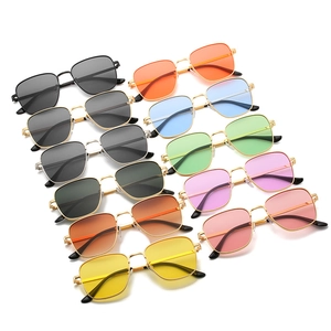 Multiple vintage square metal sunglasses displayed in various lens colors on white background