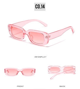 Three-view perspective of vintage rectangle pink sunglasses with transparent PC frames