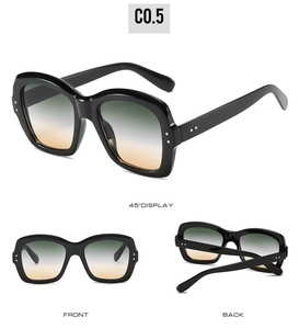 Three-angle view of oversized square sunglasses with black frames and gradient lenses
