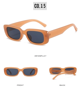 Three views of trendy translucent orange square frame sunglasses with dark lenses